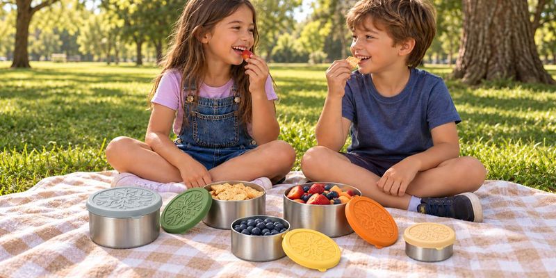 Two children enjoying fruit and crackers from Stelboss stainless steel containers during a park picnic