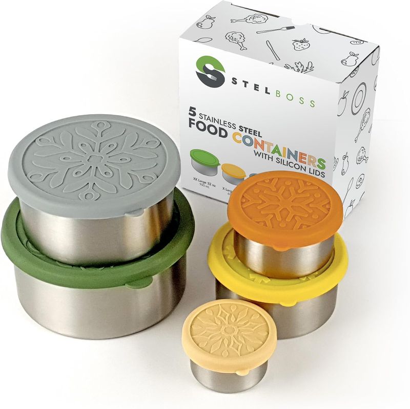 Complete Stelboss five-piece stainless steel container set with silicone lids and packaging